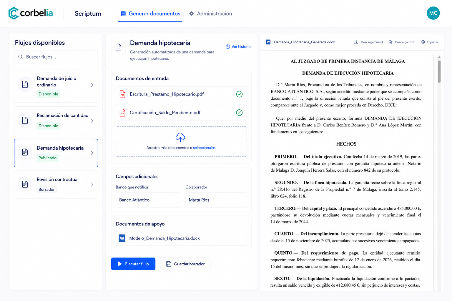 Interfaz de CORBELIA Scriptum mostrando la generación automatizada de una demanda hipotecaria y la previsualización del documento final.