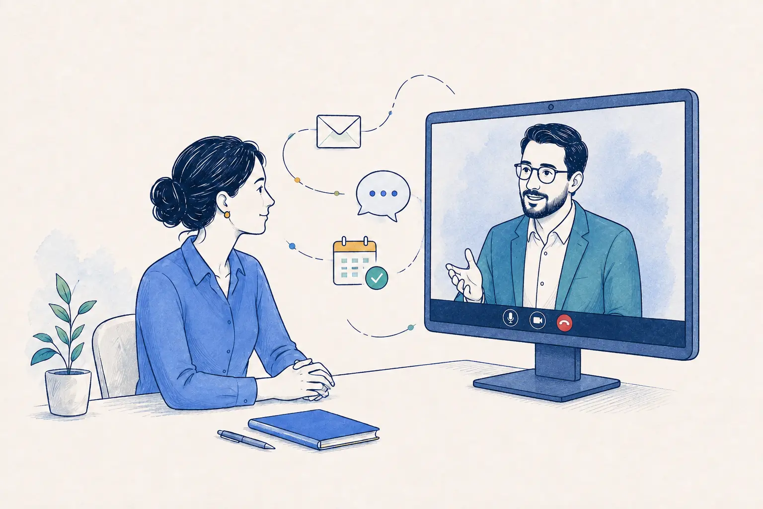 Ilustración de una videollamada con un especialista de CORBELIA para iniciar una conversación sobre inteligencia artificial corporativa.