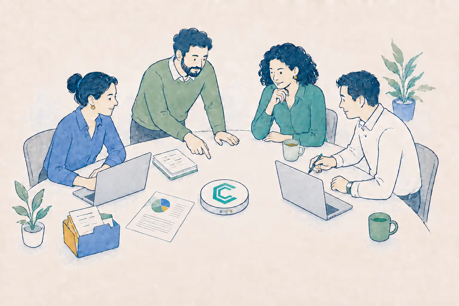 Equipo trabajando con documentos y portátiles conectados mediante CORBELIA.