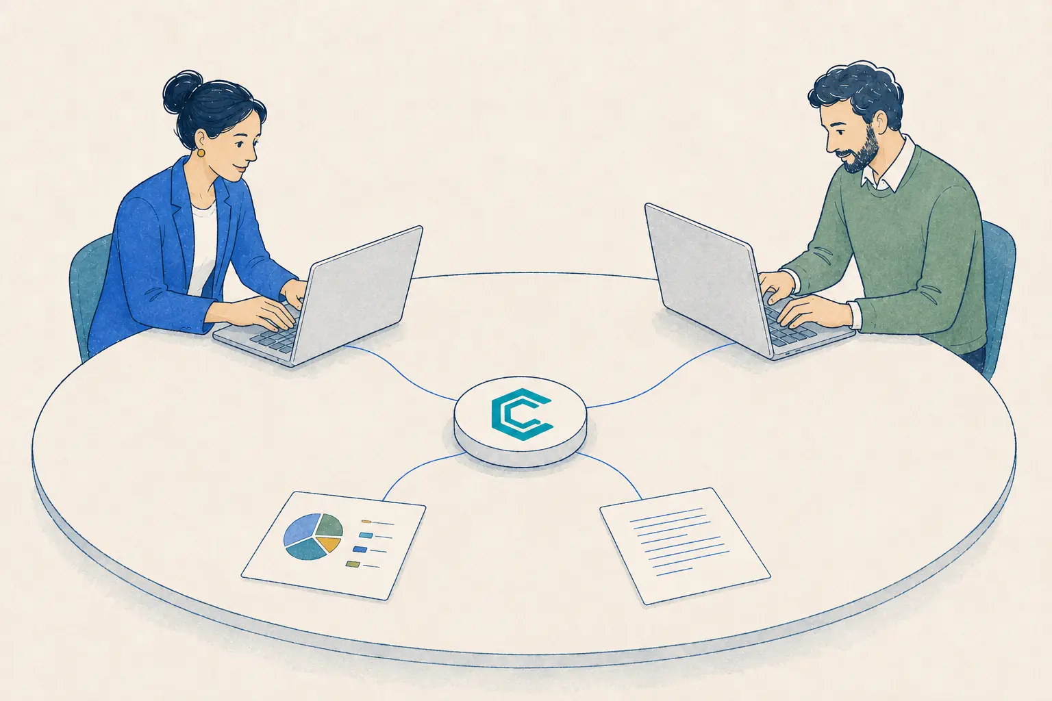Dos profesionales trabajando con documentos y portátiles conectados mediante CORBELIA.