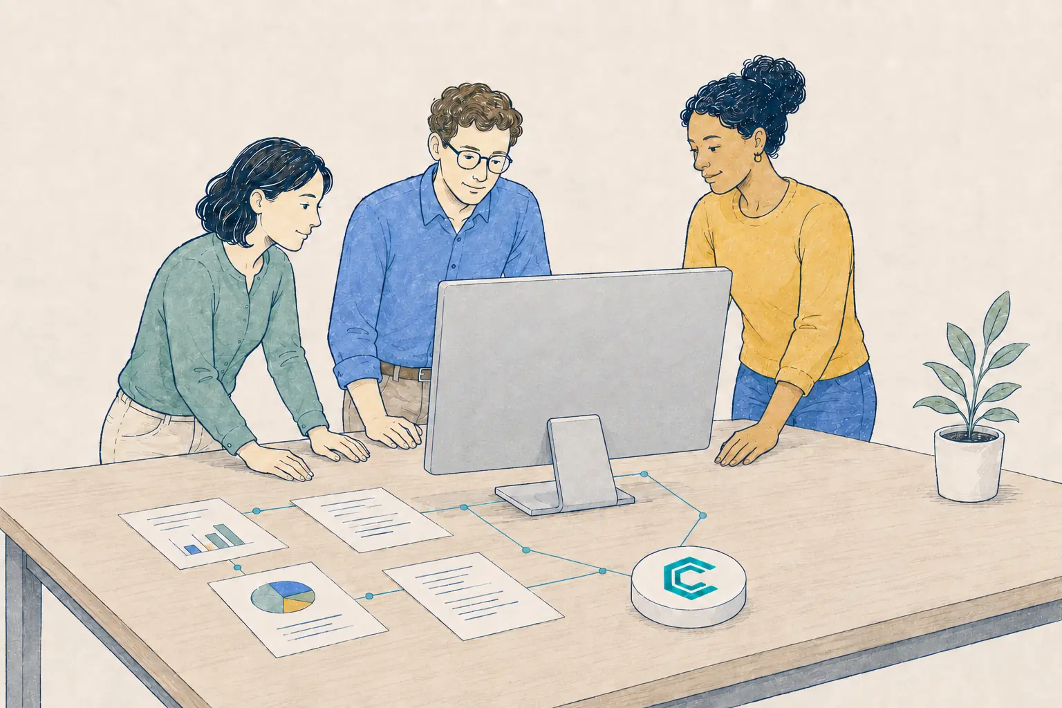 Equipo colaborando alrededor de documentos conectados con CORBELIA.