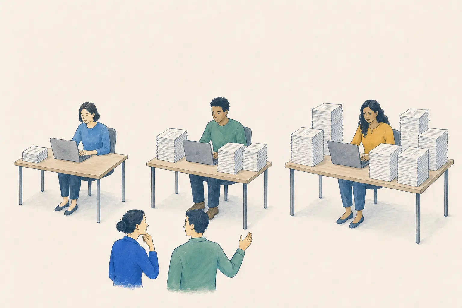 Tres puestos de trabajo con diferentes volúmenes de documentos procesados.