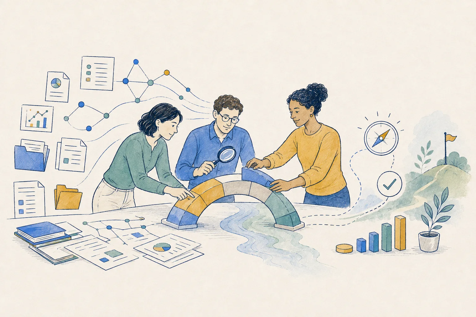 Equipo trabajando con conocimiento, decisiones e inteligencia artificial